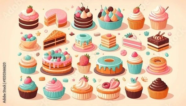 Fototapeta a cartoon illustration of a cake with a lot of different cakes.