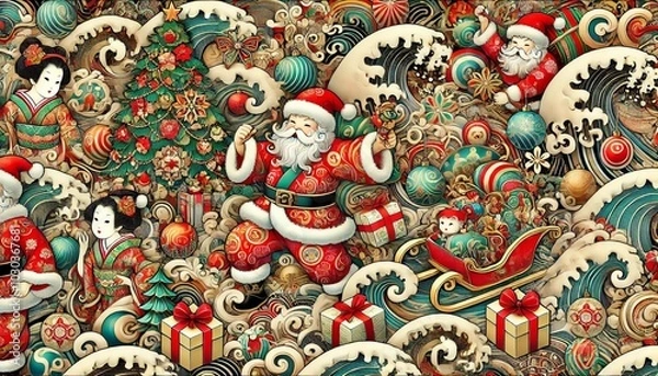 Fototapeta サンタクロースと和の大理石グラフィック