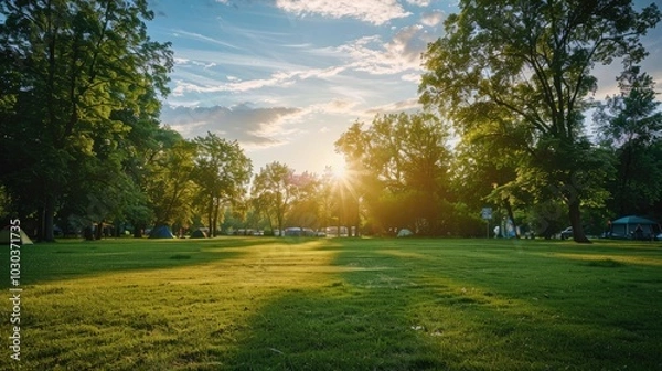 Fototapeta Beautiful green lawn in the park with trees and a blue sky, a summer landscape. A wide grass field in the background. People camp in nature at sunset.