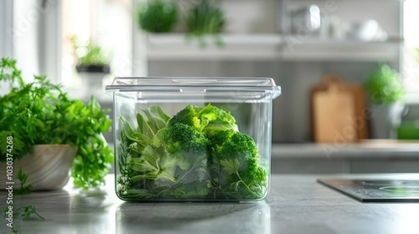 Fototapeta clear plastic food storage container with lid, filled with green vegetables on kitchen counter, blurred background of modern white and grey interior design kitchen,