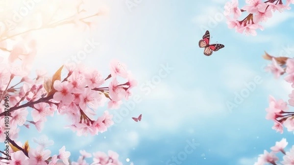Obraz Branches of blossoming cherry against background of blue sky and fluttering butterflies in spring on nature outdoors, copy space.
