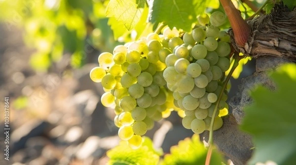 Obraz Santorini's Indigenous Assyrtiko Grape: Nurtured in a Picturesque Vineyard on the Island of Greece -