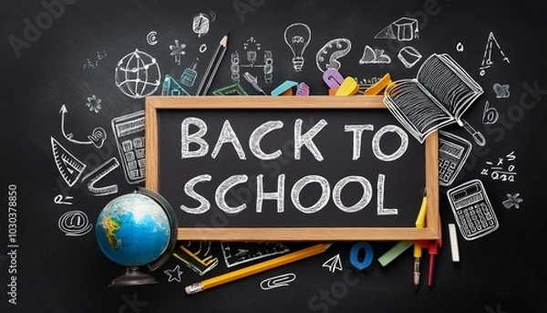 Fototapeta Back to school concept with chalkboard and educational doodles on black background. 3D Rendering