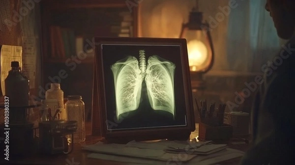Fototapeta Doctor carefully examines X-ray film of patient's lungs, identifying COVID-19 complications, with medical instruments and charts in the background.