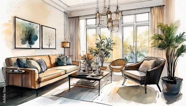 Fototapeta Watercolor sketch of a cozy living room with a large window