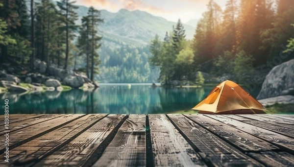 Fototapeta Empty wooden table top with a background of a camping tent and lake in a forest mountain landscape, for product display montage