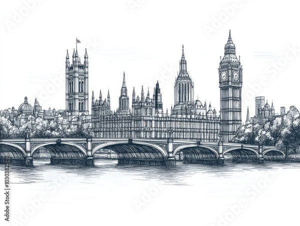 Fototapeta Hand-drawn sketch of London along the Thames River