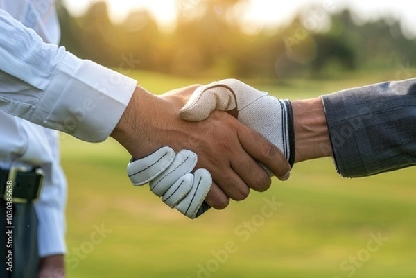 Fototapeta Golf player shaking hands with businessman, close-up of hand and golf glove on blurred green background.