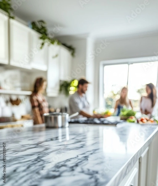Fototapeta Empty marble kitchen countertop with family cooking in background, product placement display space