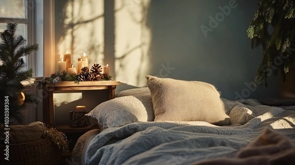 Obraz Cozy Bedroom with Soft Linens and Warm Lighting