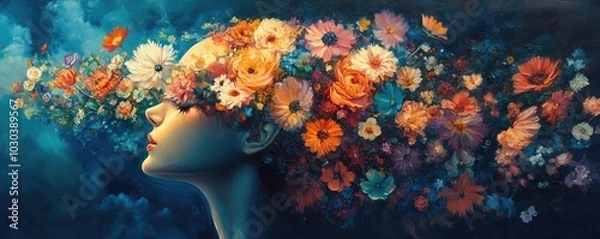 Fototapeta A mind filled with flowers, symbolizing growth and positivity in mental health