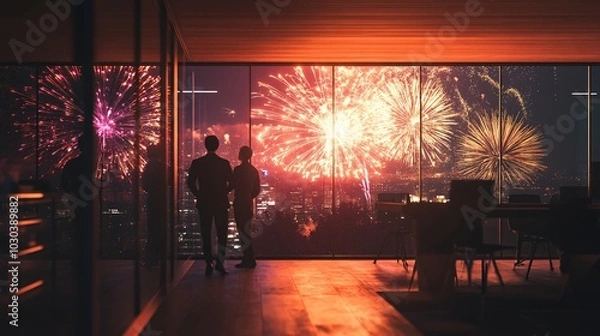 Fototapeta Team Celebrating Annual Goals with Fireworks Display