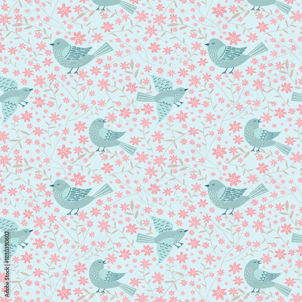 Fototapeta Seamless floral pattern with birds in delicate pastel colors. Spring vector background.