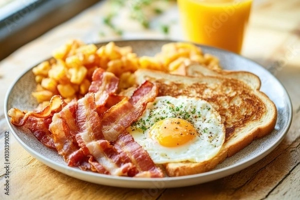 Fototapeta A classic American breakfast plate with scrambled eggs, crispy bacon, golden toast, and hash browns, with a glass of orange juice and a sunny window in the background