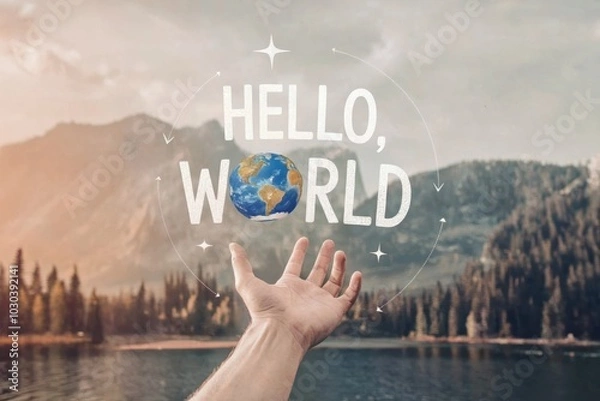 Fototapeta Hand reaching for earth with hello world text over mountainous landscape