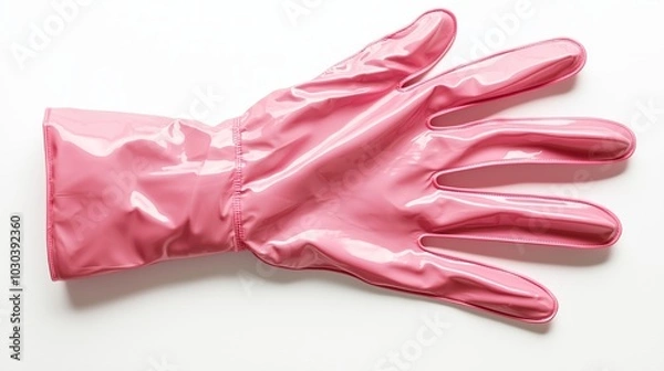 Fototapeta Single Pink Rubber Glove with Smooth Surface and Visible Creases on White Background