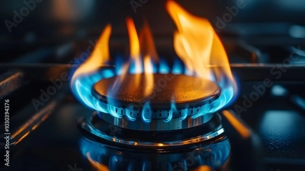 Fototapeta Close-up of a gas stove burner displaying both blue and orange flames against a black background. The detailed shot emphasizes the striking colors and textures.