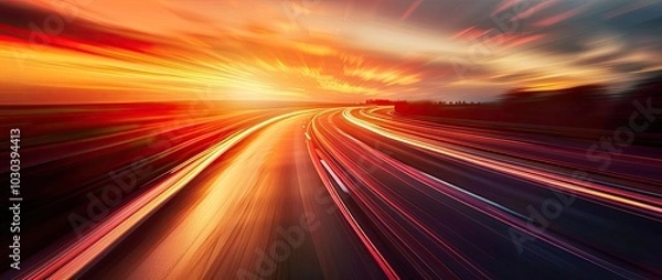Fototapeta High-speed car on the highway with motion blur, speed lines and light trails. Abstract background of a curved road at sunset.