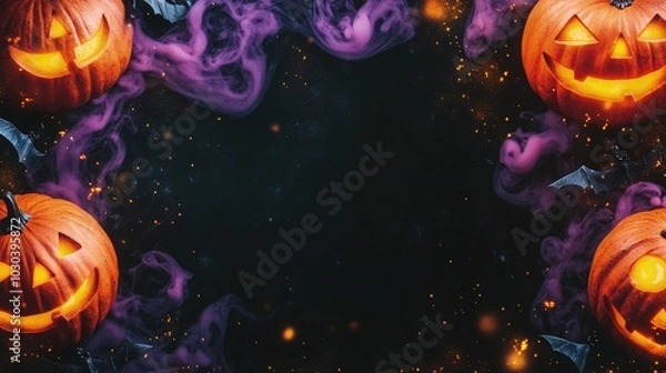 Fototapeta A spooky Halloween party border featuring glowing orange pumpkins, black bats, and swirling purple smoke, arranged against a dark black background, creating a vibrant and eerie frame.