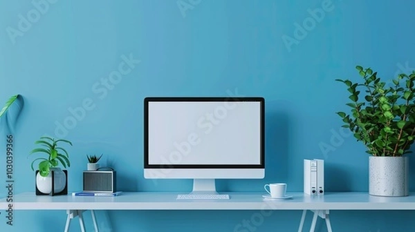 Fototapeta Modern working space with a computer monitor and an empty screen on a blue wall background,
