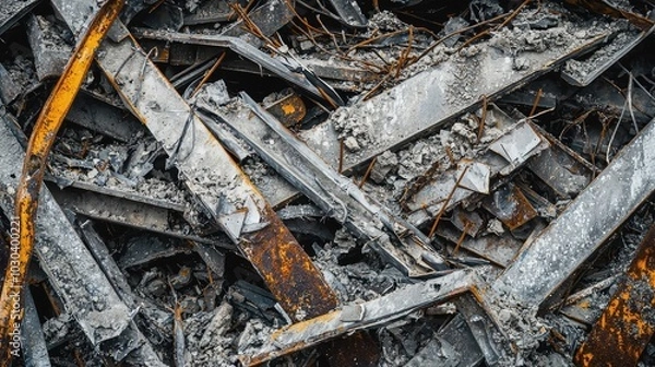 Fototapeta Twisted Metal and Broken Concrete Close-Up