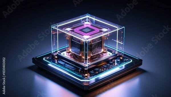 Fototapeta A quantum computer encased in a powerful desktop, glowing with soft lights, merging futuristic tech with traditional hardware, Generative AI