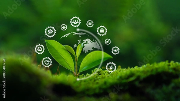 Fototapeta ESG icon Environmental, social and governance concept Net zero greenhouse gas emissions on growing seedlings for greenhouse gas emission target Sustainable global environment concept