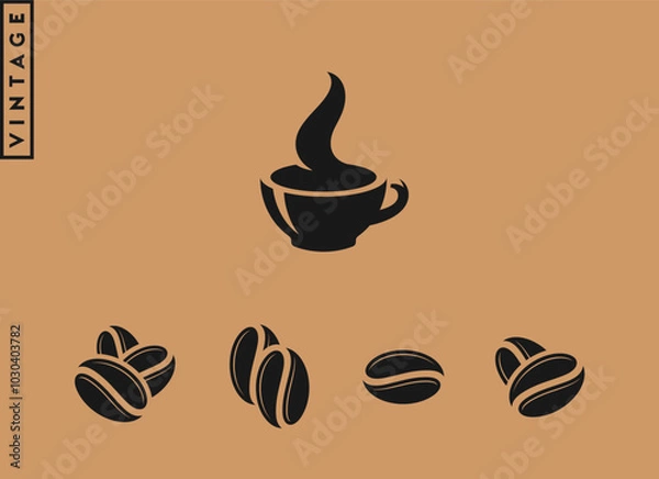 Obraz Coffee vintage style. Isolated coffee cup with steam and coffee beans on brown background