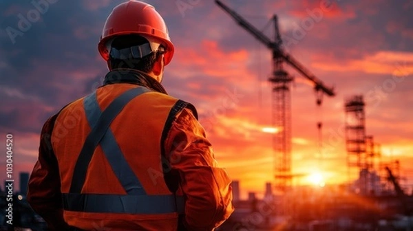 Fototapeta Construction Worker at Sunset with Crane in Background