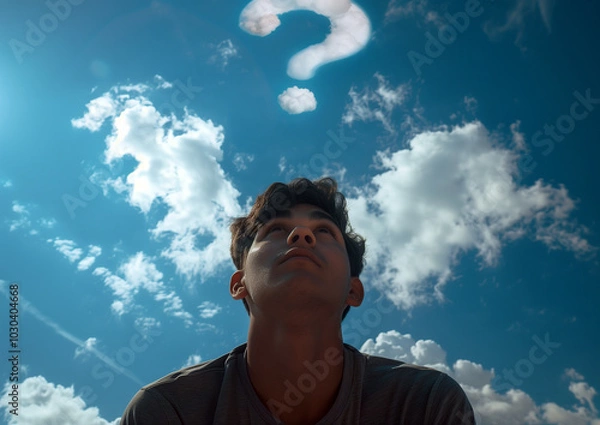 Fototapeta A thought-provoking image of a young man looking up at the sky where a question mark is formed from clouds, symbolizing curiosity, uncertainty, and contemplation, perfect for introspective or conceptu