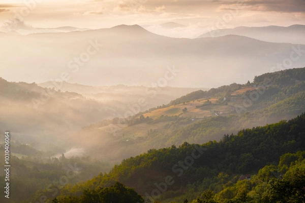 Fototapeta Serene landscape of Tara valley at sunrise, with fog rolling over the mountains and soft sunlight illuminating the scenery, perfect for nature lovers and travelers.