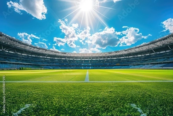 Fototapeta Sunny day, modern sports stadium with empty seats, view from the stands on an open green field of grass, blue sky