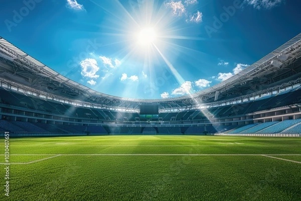 Fototapeta Sunny day, modern sports stadium with empty seats, view from the stands on an open green field of grass, blue sky