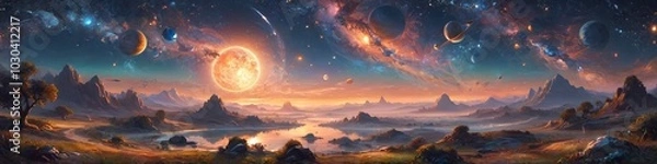 Fototapeta A dreamy celestial landscape where planets and stars dance together in harmony, casting a magical glow over a tranquil landscape, inspiring wonder and contemplation, Generative AI