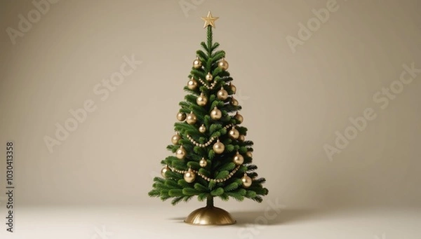 Fototapeta Christmas tree highlighted against golden backdrop isolated