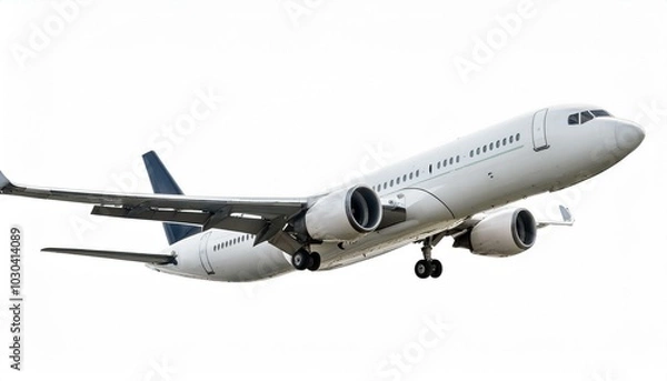 Fototapeta Side view of white commercial airplane in flight isolated on white. Travel and technology concept. 3D Rendering