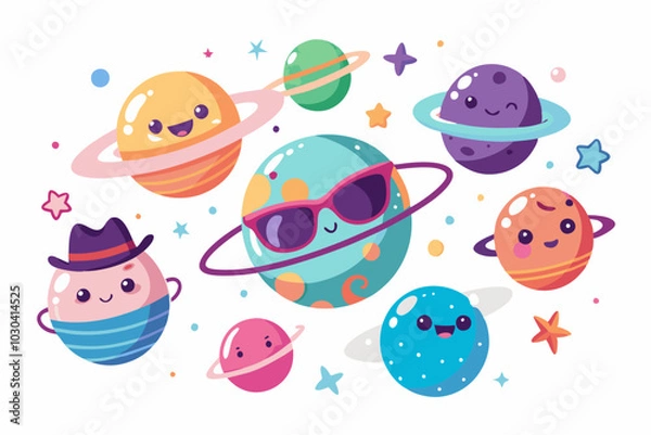 Fototapeta Cute Cartoon Planets and Space Adventure Vector on White Background
