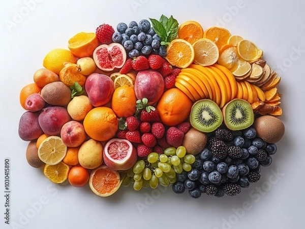 Fototapeta a visually striking brain made of various fruits, symbolizing health and wellness, creatively arranged against a clean background, promoting the concept of healthy living and nutritious eating