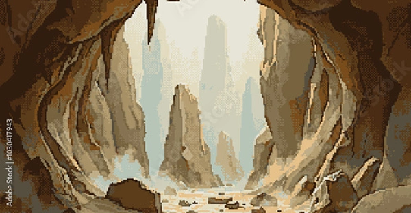 Fototapeta personal journey through unknown world, dramatic cave opening, pixel art style, brown stone pillars and journey continues forward