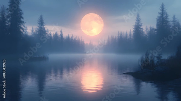 Fototapeta horror forest background, full moon above trees, apocalyptic scene