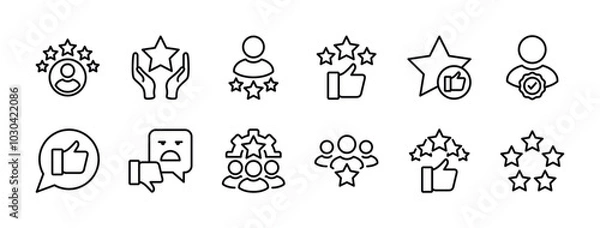 Fototapeta Experience thin line icon set. Containing rating, feedback, review, like, comment, satisfaction for survey, opinion, service, vote, test, inspecting, testimonial, response, consumer, life events