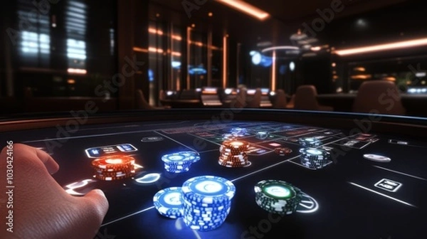 Fototapeta Immersive VR casino with realistic virtual chip manipulation in 169 ratio