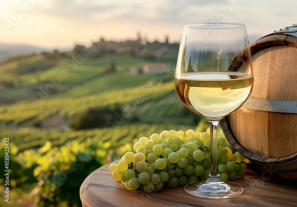 Obraz A glass of white wine is on a table next to a bunch of grapes. The scene is set in a vineyard, with a view of the hills in the background