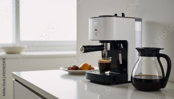 Fototapeta A stylish modern espresso machine serves up freshly brewed shots