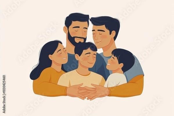 Obraz Flat illustration of a happy family of five with parents and three children all hugging each other affectionately surrounded by a simple neutral toned background