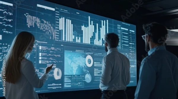 Obraz Professional team analyzing business metrics on a large interactive screen
