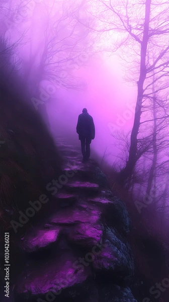 Fototapeta man walking on a path in a strange dark forest with fog