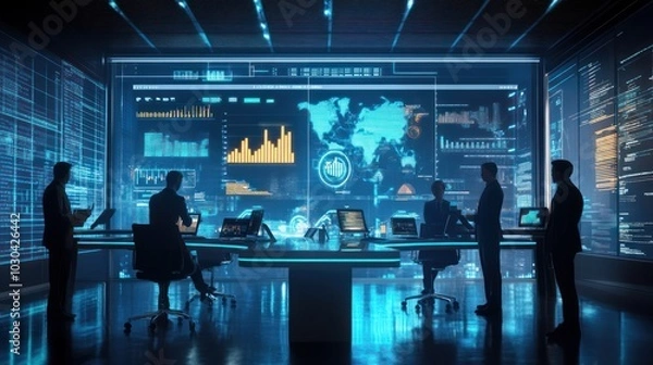 Fototapeta Professional team analyzing quarterly results in a high-tech office environment