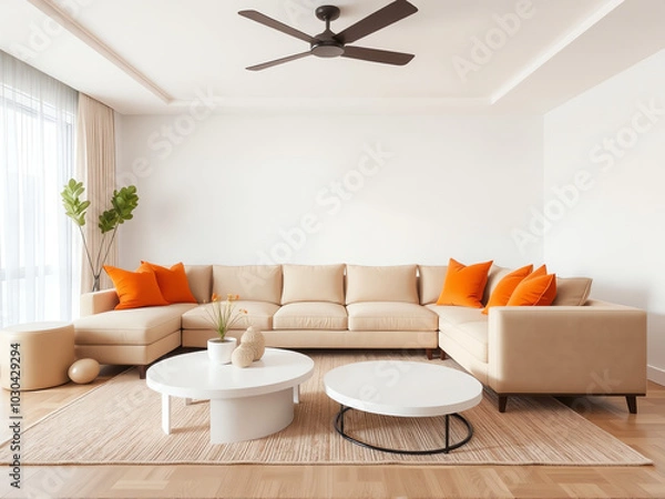 Obraz A contemporary living room featuring vibrant orange furniture, creating a warm and inviting atmosphere.