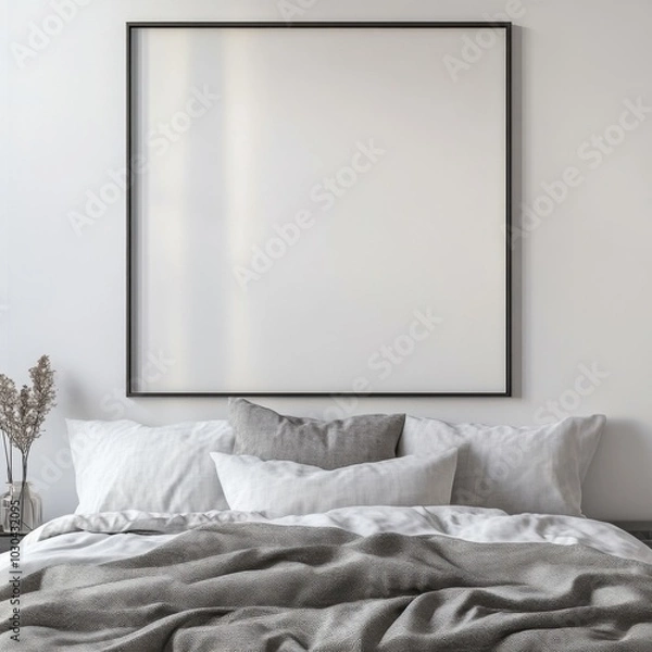 Obraz Minimalist bedroom with neutral-toned bedding and large empty picture frame on wall